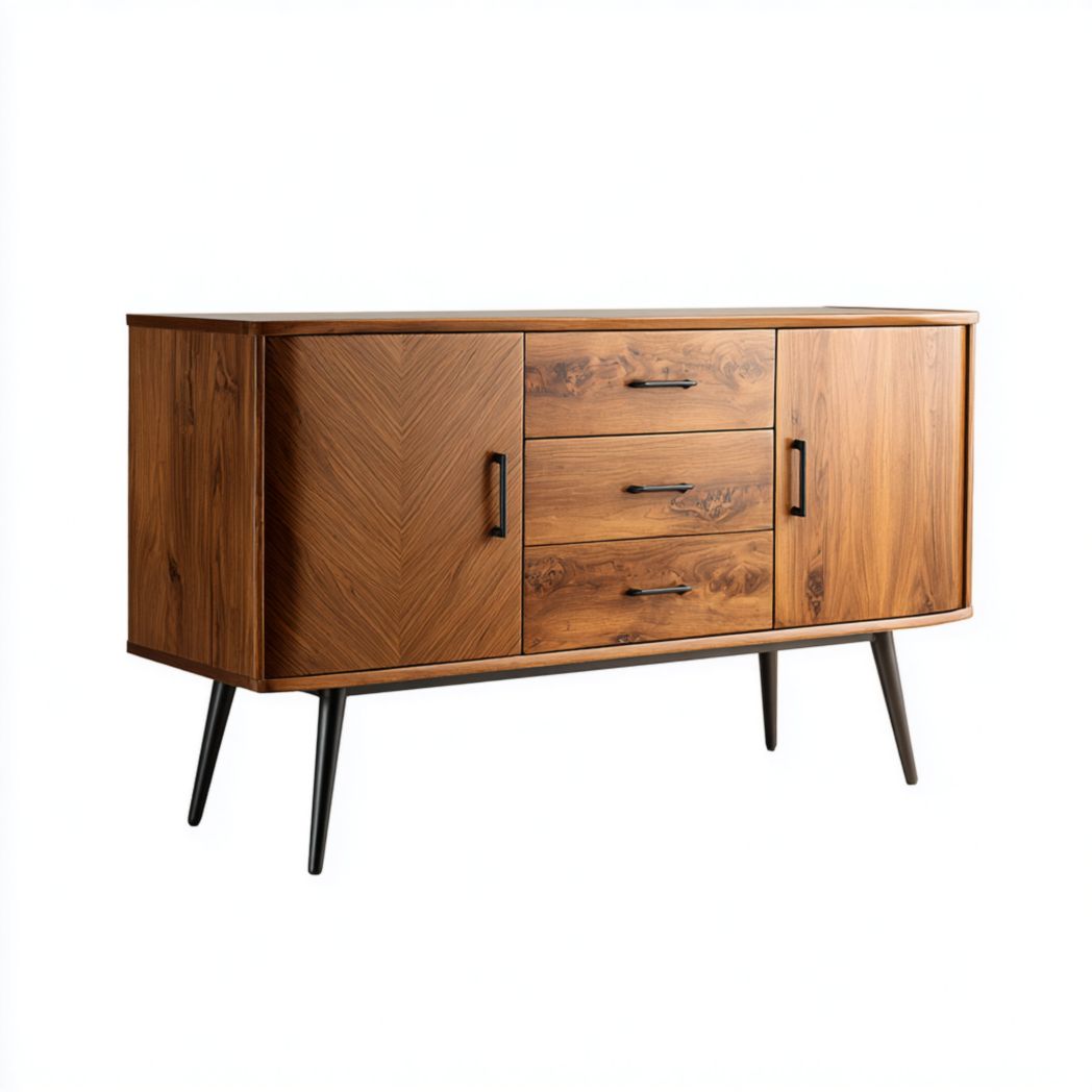 Buffet 2 portes et 3 tiroirs — structure en bois avec poignées et pieds en métal noir