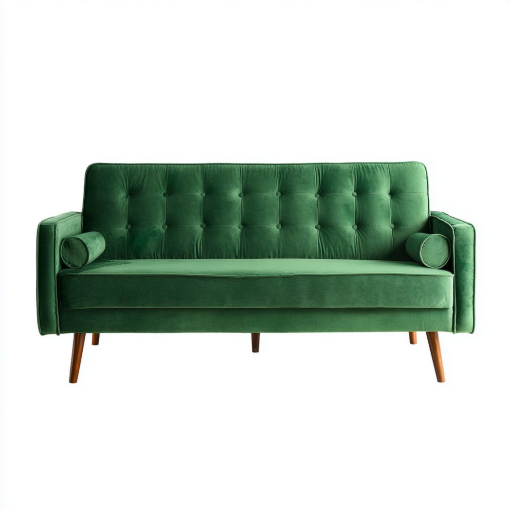 Canapé droit en velours vert, deux places, pieds en bois, avec deux coussins cylindriques
