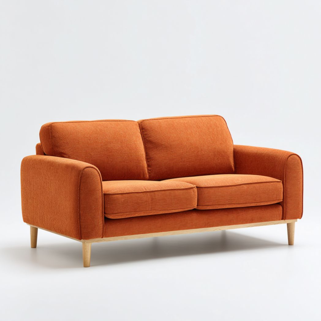 Canapé droit en tissu orange, dossier double avec pieds en bois