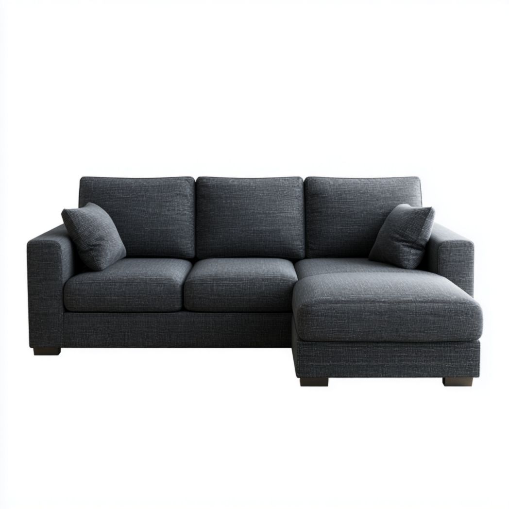 Canapé d’angle en tissu gris foncé, forme L, pieds en bois, avec deux coussins