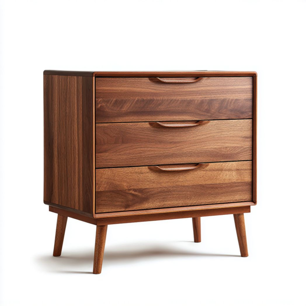 Commode 3 tiroirs | caisson et façades en bois foncé | poignées encastrées en bois | pieds inclinés en bois