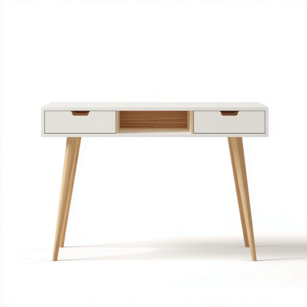 Bureau rectangulaire blanc | 2 tiroirs · niche centrale ouverte · pieds inclinés en bois