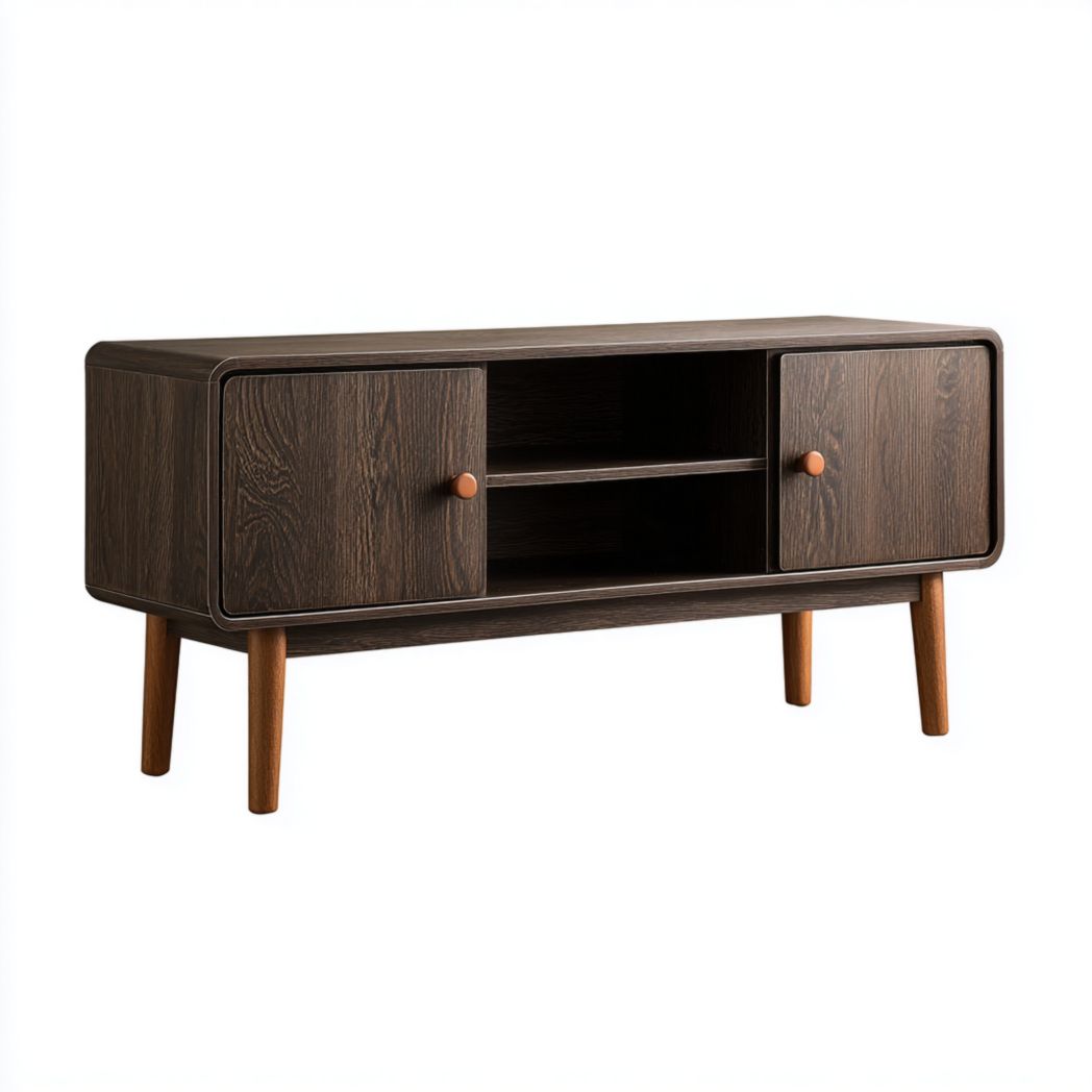 Meuble TV rectangulaire en bois brun foncé, à double porte et niche ouverte.