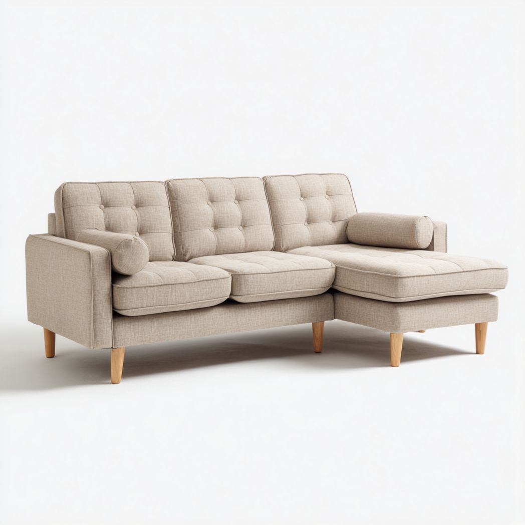 Canapé d’angle en tissu beige, forme L, pieds en bois, avec deux coussins cylindriques