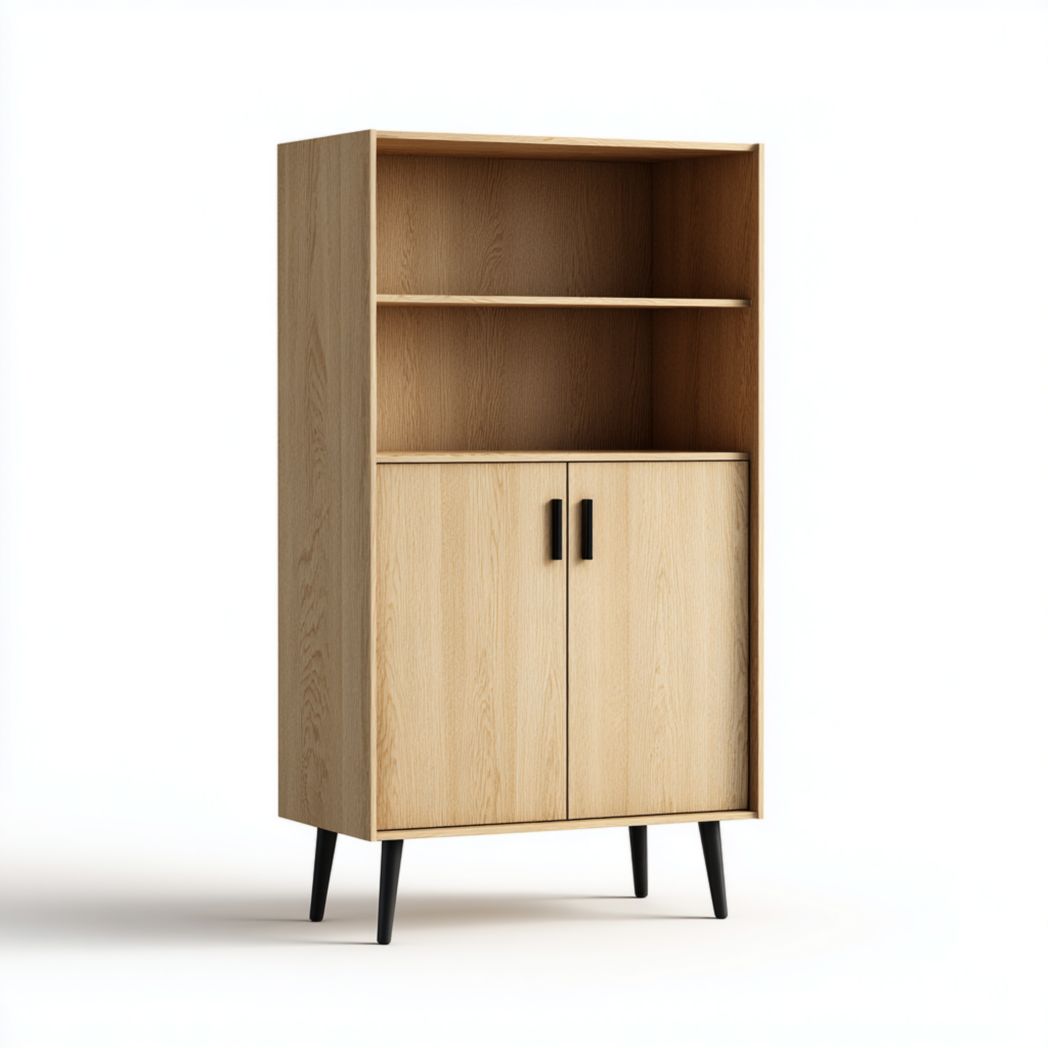 Bibliothèque en bois naturel avec deux portes, étagères ouvertes et pieds hauts en métal noir