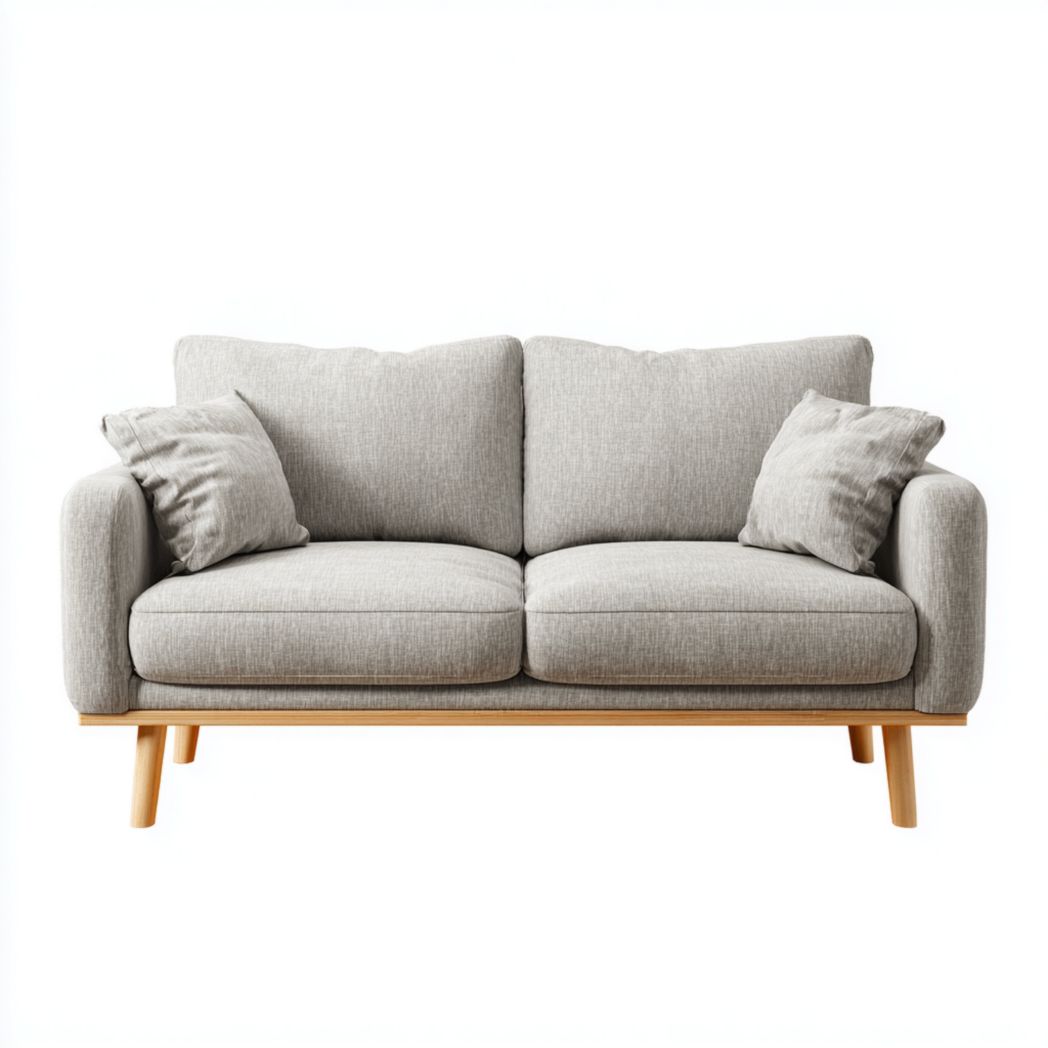 Canapé droit en tissu gris clair, dossier double avec pieds en bois et coussins