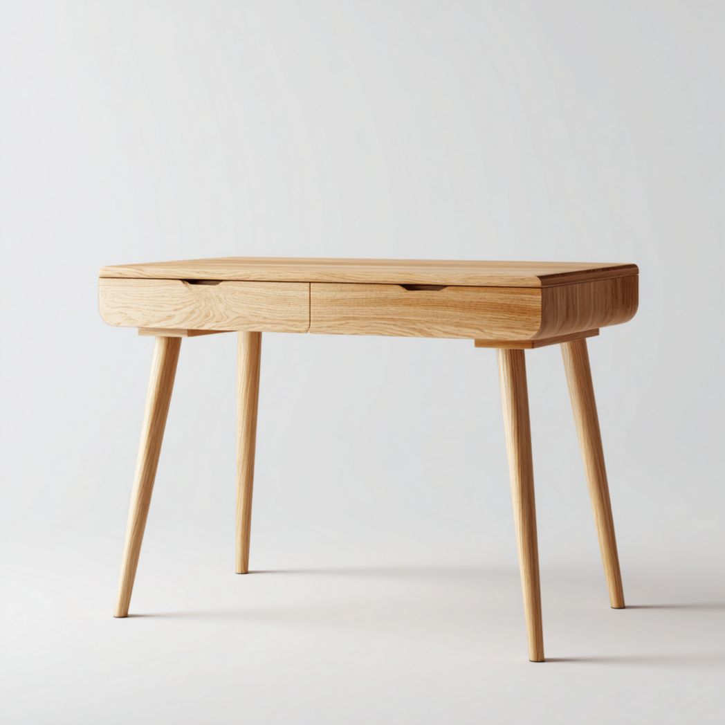 Bureau rectangulaire en bois naturel | 2 tiroirs · plateau à coins arrondis · pieds coniques inclinés