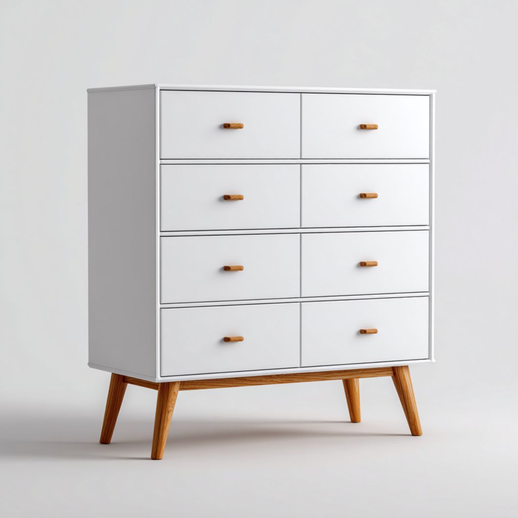 Commode 8 tiroirs | caisson en bois blanc | poignées en bois | pieds inclinés en bois