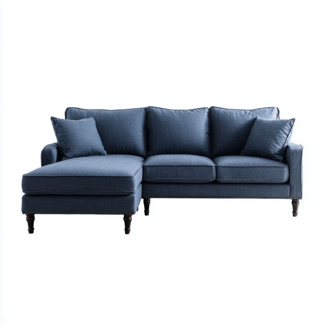 Canapé d'angle en tissu bleu, design en L, pieds en bois noir, avec coussins