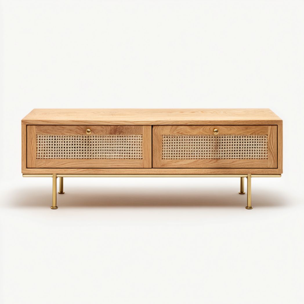 Meuble TV en bois avec tiroirs à façade en rotin et pieds métalliques dorés