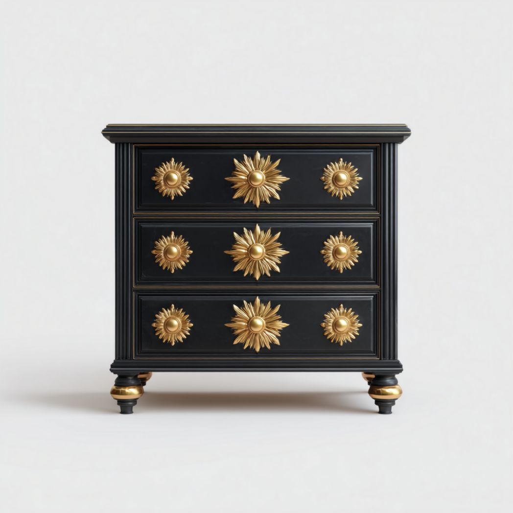 Commode 3 tiroirs | caisson noir avec ornements dorés en relief | structure rectangulaire | pieds ronds en bois