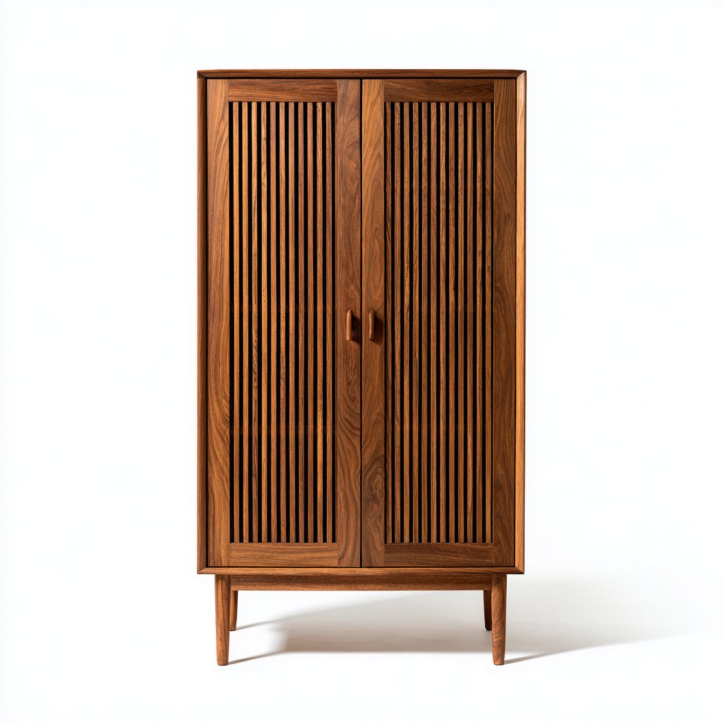 Armoire deux portes | bois brun foncé avec panneaux à lattes verticales