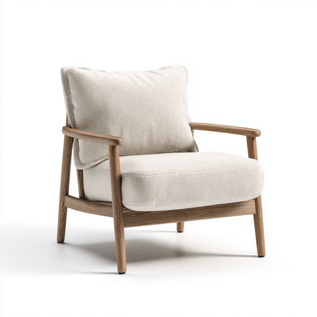 Fauteuil en tissu blanc cassé avec cadre en bois