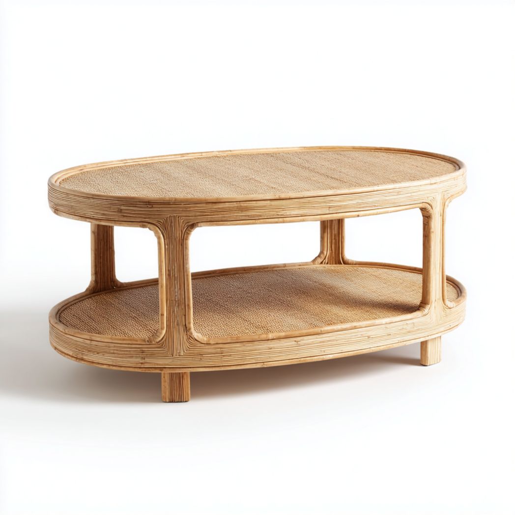 Table basse ovale en rotin à deux niveaux couleur naturelle