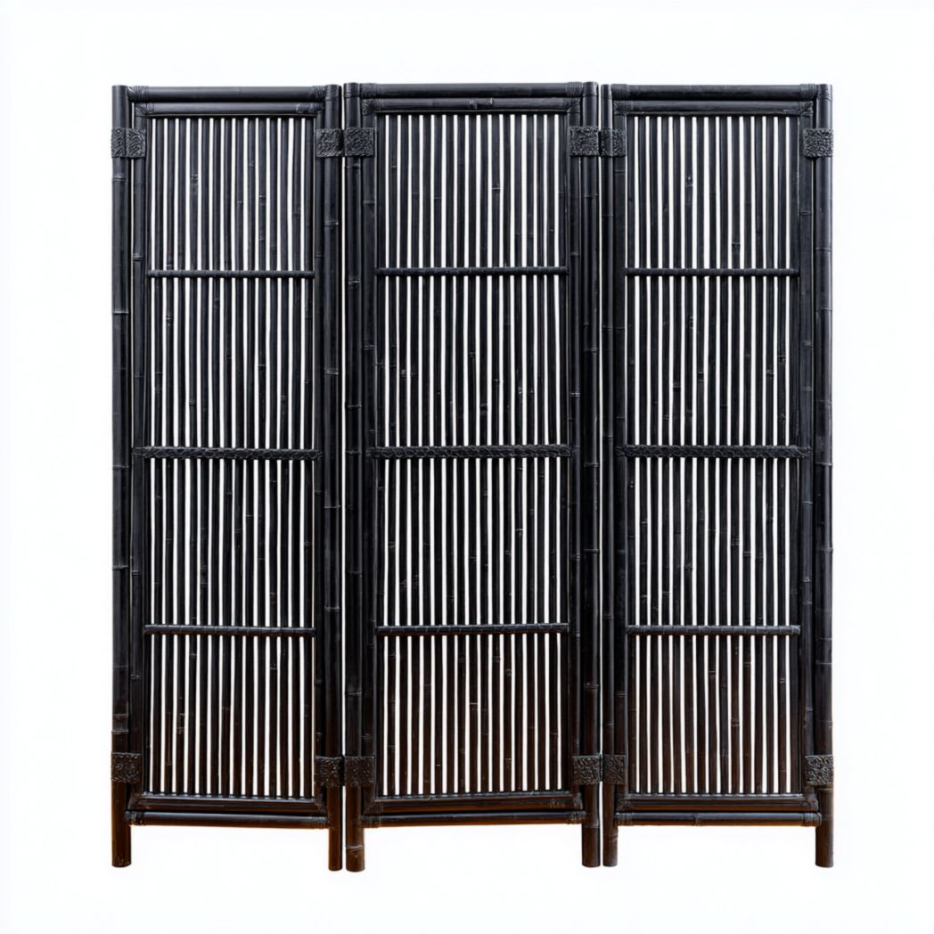 Paravent 3 panneaux en bambou — cadre noir et tiges verticales, structure rectangulaire pliante