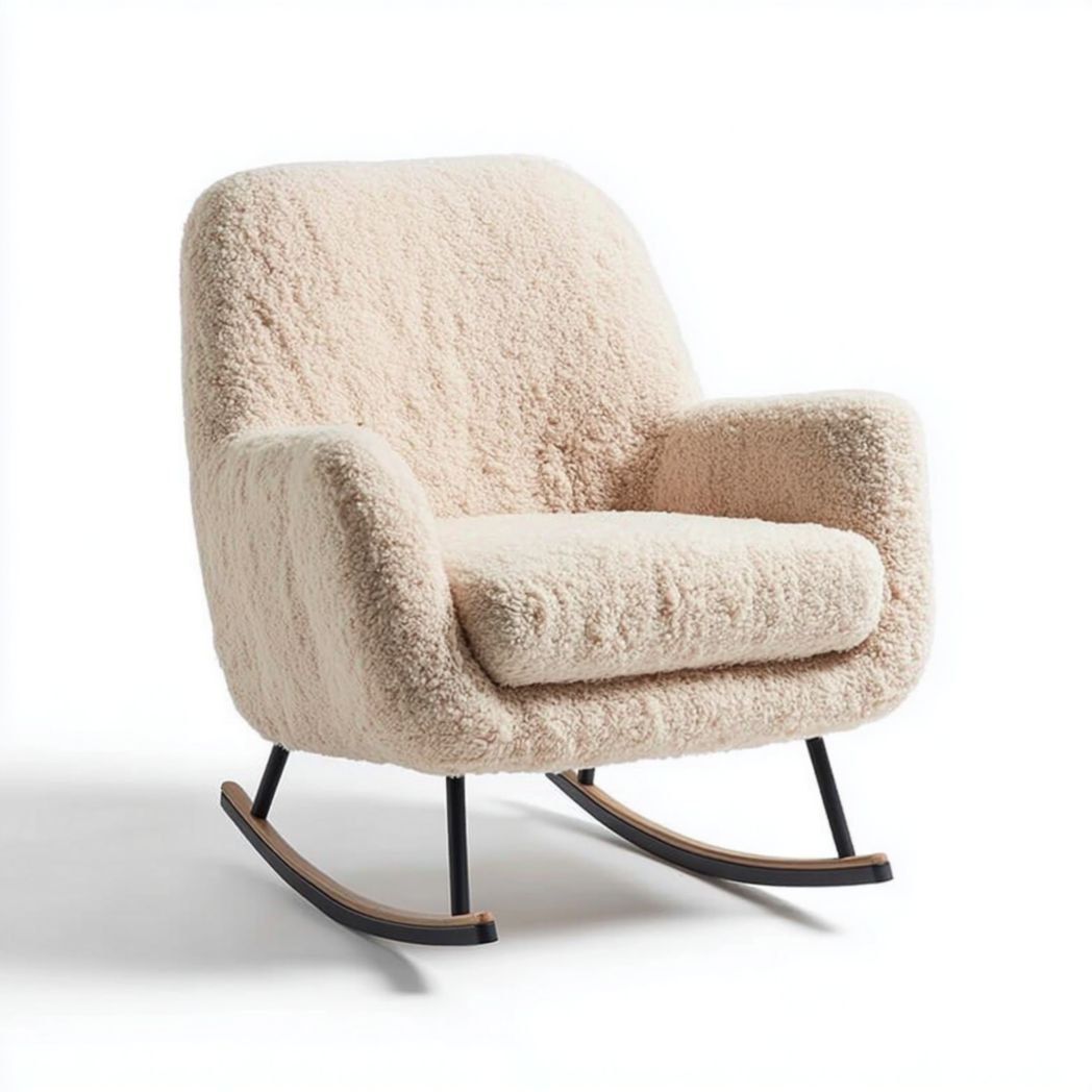 Fauteuil à bascule en tissu bouclette beige avec structure métallique et pieds en bois courbés
