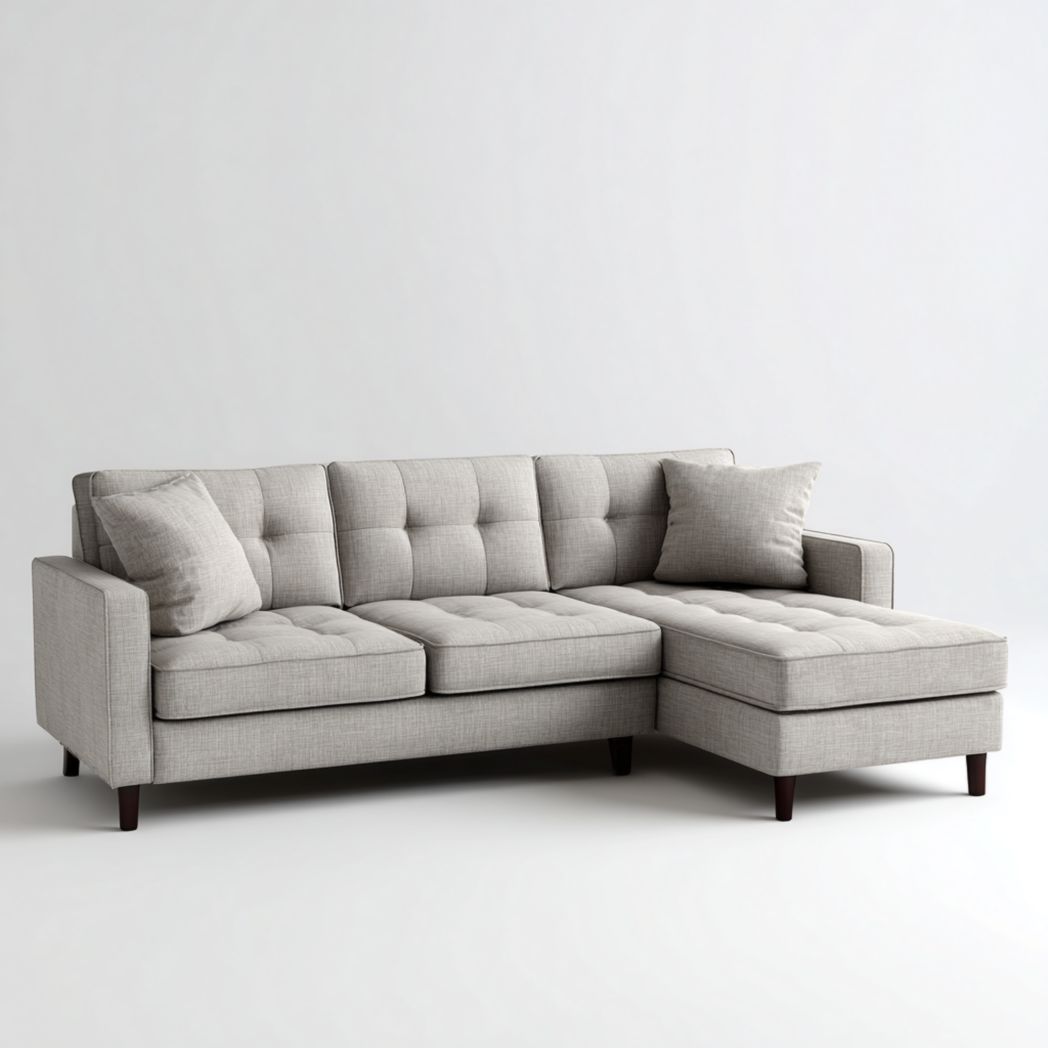 Canapé d’angle en tissu gris clair, forme L, pieds en bois foncé, avec deux coussins carrés