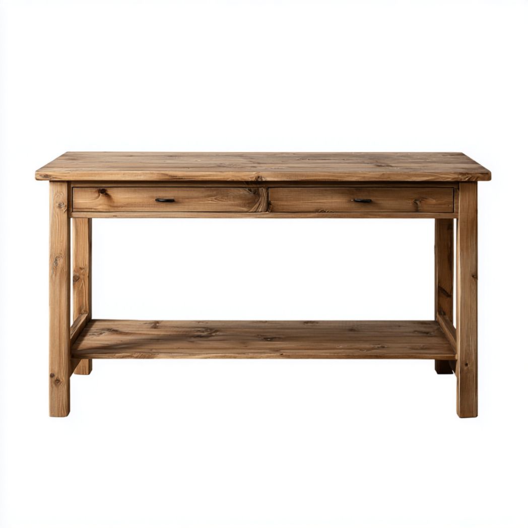 Bureau rectangulaire en bois massif | 2 tiroirs · tablette inférieure ouverte