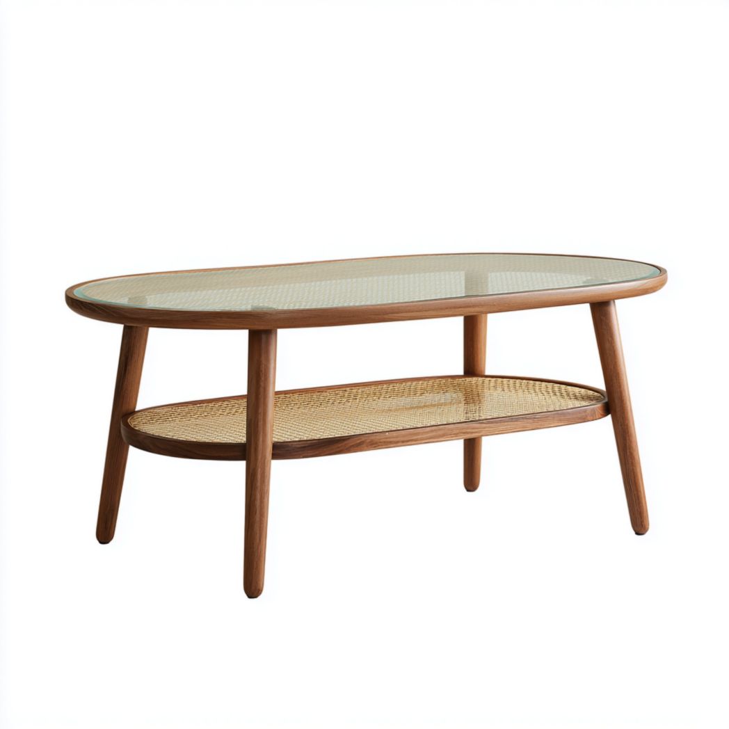 Table basse ovale en verre avec structure en bois et plateau inférieur en rotin