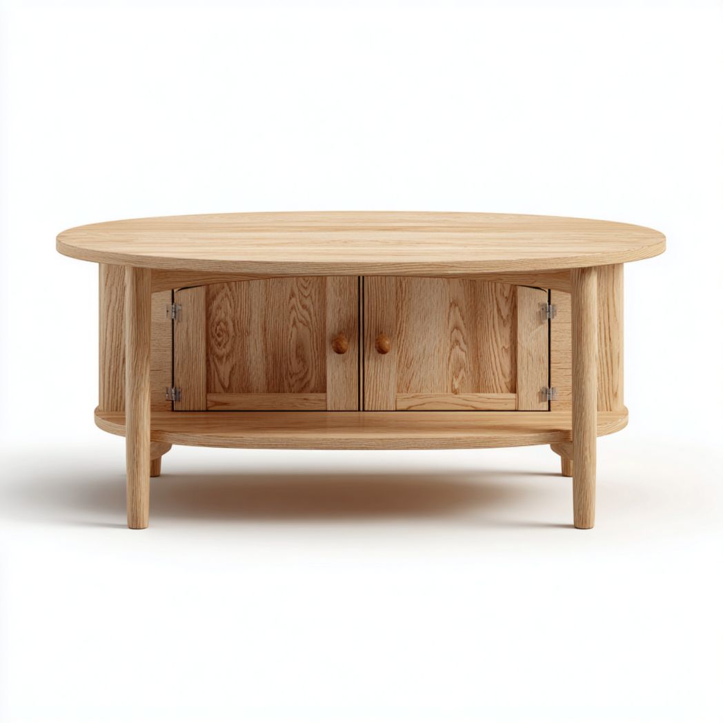 Table basse ronde en bois couleur naturelle avec portes doubles
