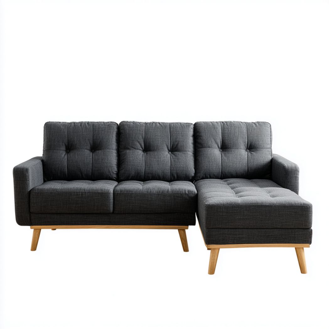 Canapé d'angle en tissu gris foncé, forme en L, pieds en bois, sans coussins