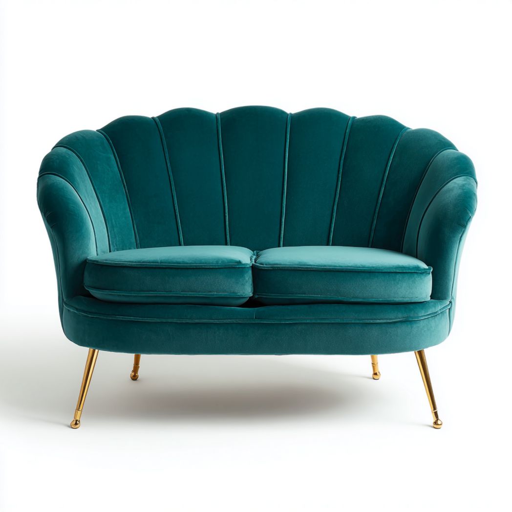 Canapé droit en tissu vert, dossier en forme de coquille et pieds en métal