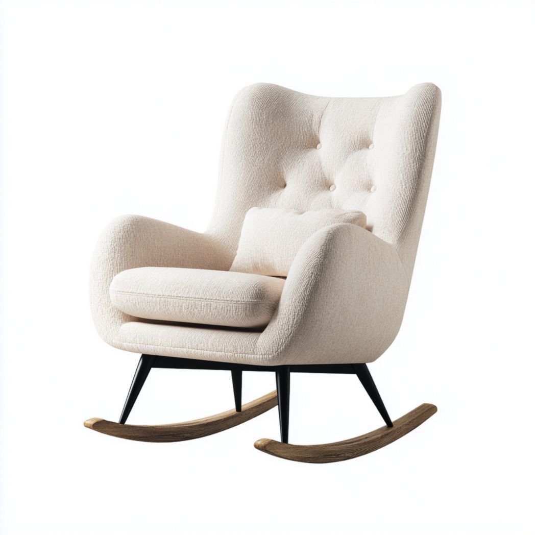 Fauteuil à bascule en tissu beige avec dossier capitonné et pieds courbés en bois