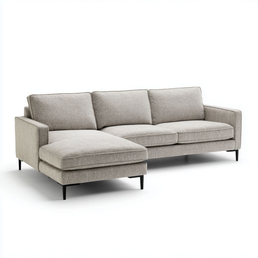 Canapé d'angle en tissu gris clair, forme en L, pieds en métal noir