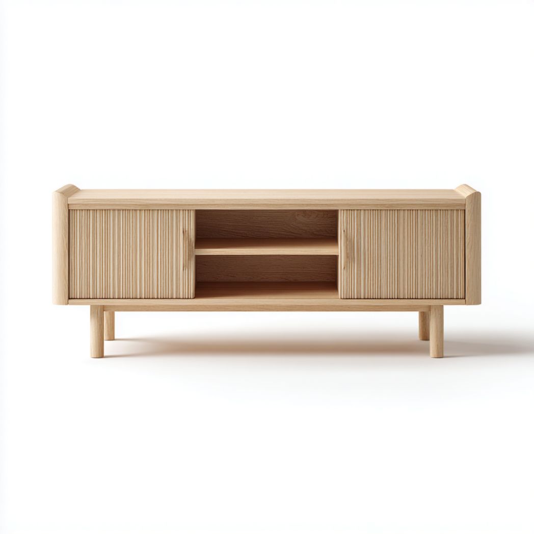 Un meuble TV en bois avec portes coulissantes à rainures verticales et une cloison centrale ouverte.