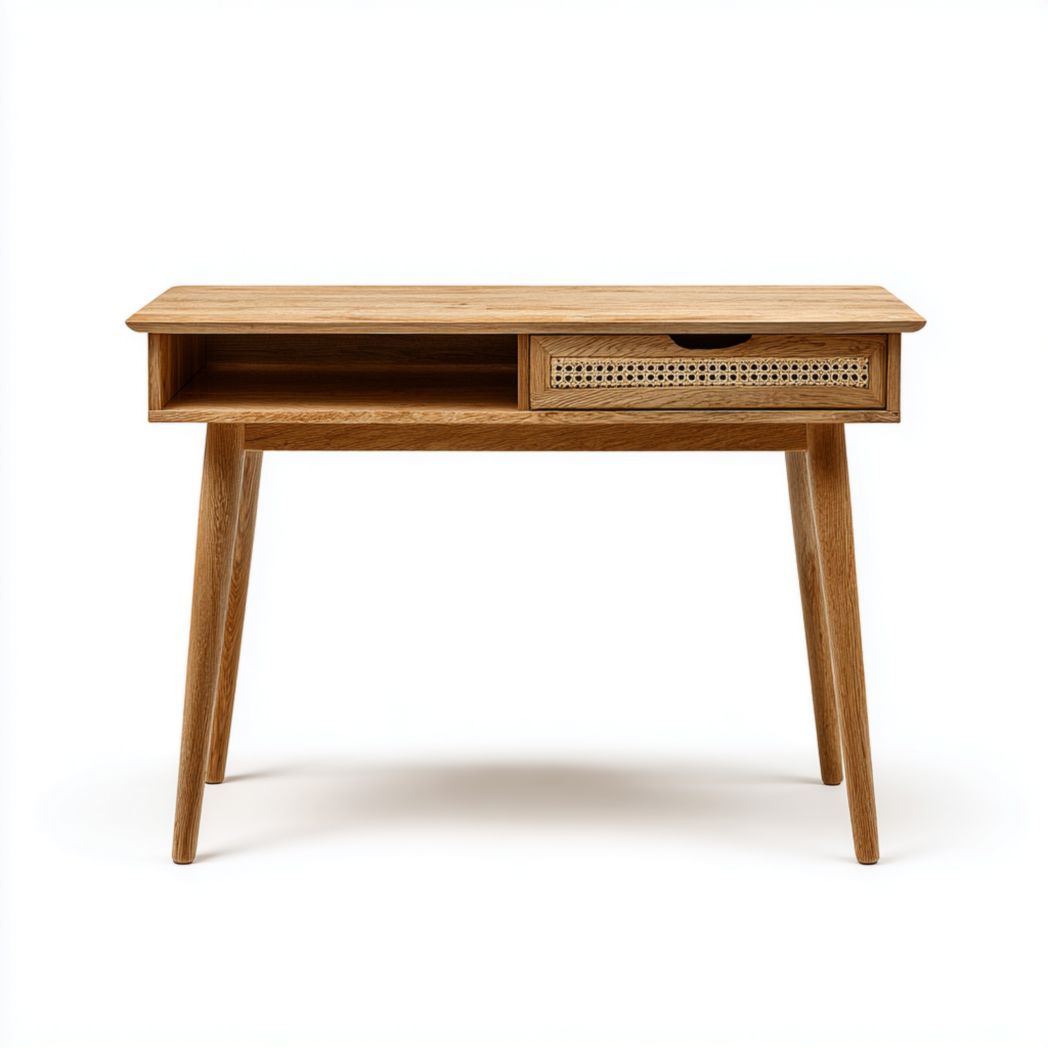 Bureau plaqué bois naturel | Plateau rectangulaire · 1 tiroir avec façade tressée + niche ouverte