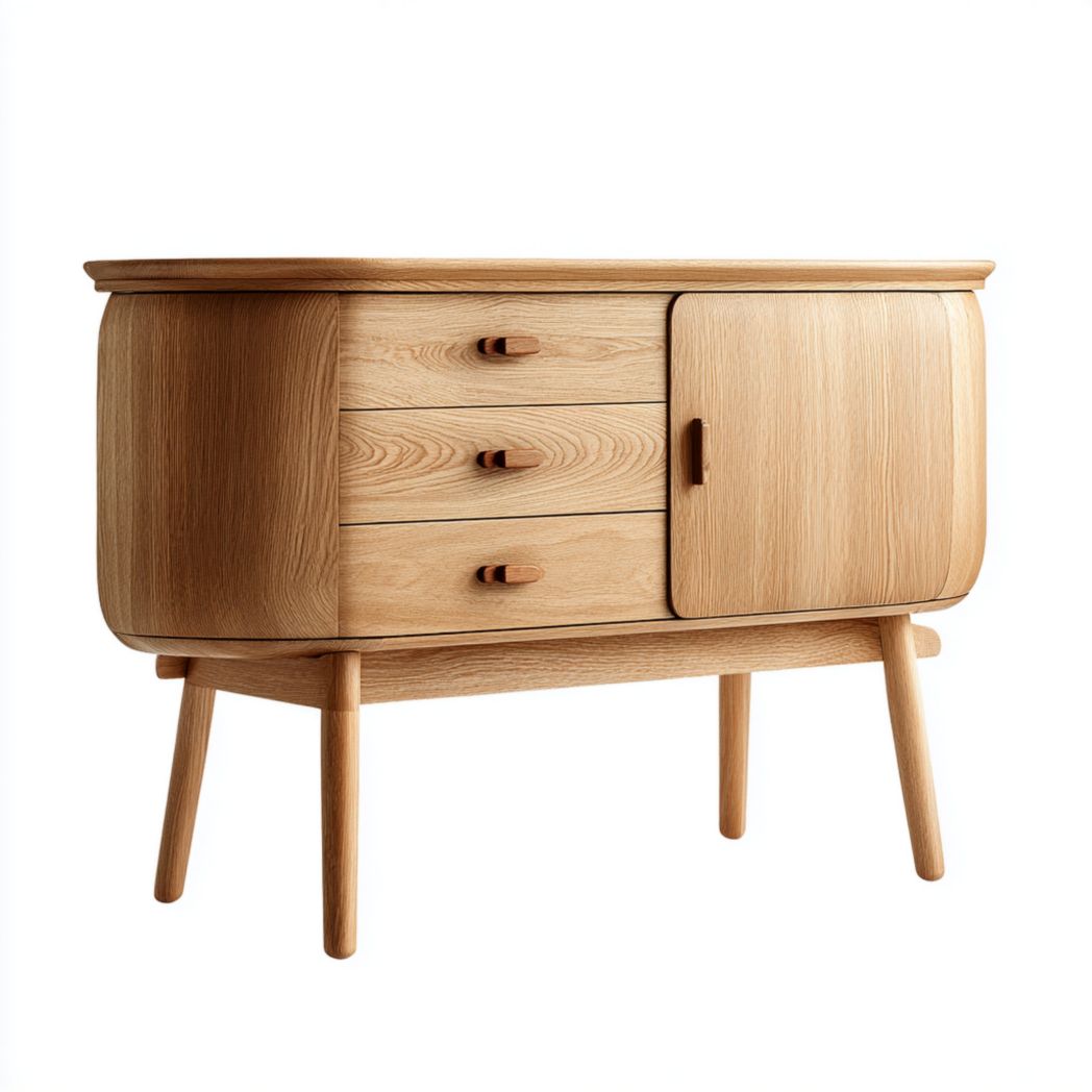 Buffet à une porte et trois tiroirs – structure en bois, angles arrondis et pieds cylindriques.