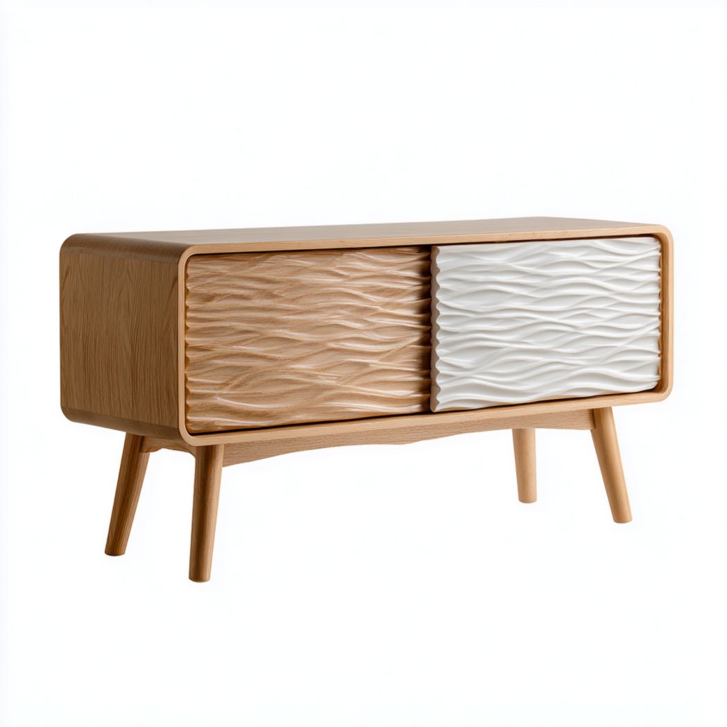 Meuble TV en bois, portes coulissantes à relief ondulé, finition bois naturel et blanc