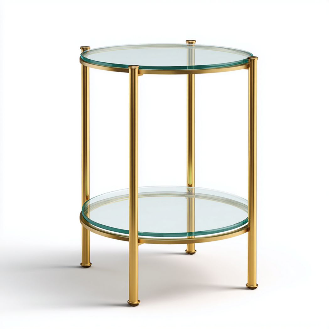 Table d’appoint ronde à deux plateaux en verre et structure métallique dorée