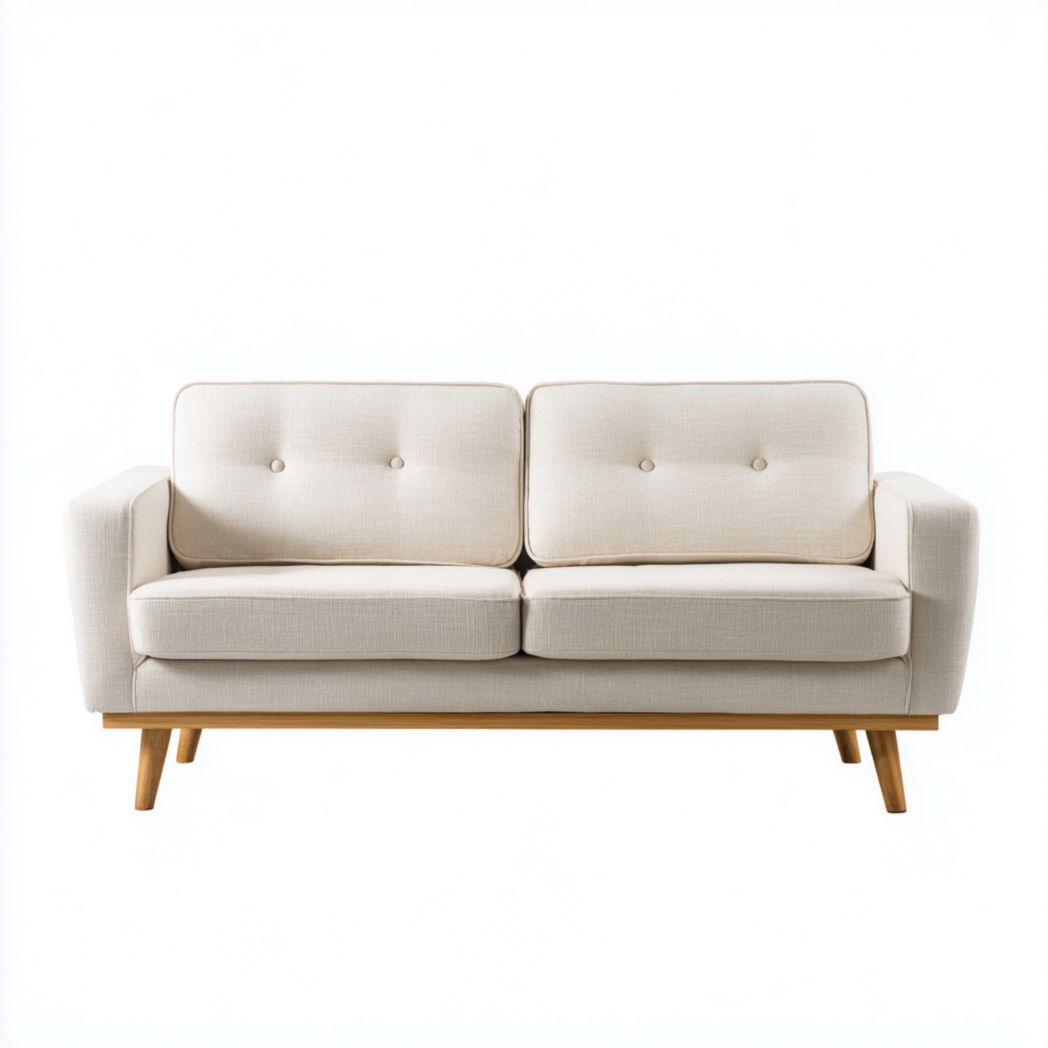 Canapé vertical deux places en tissu blanc cassé, pieds en bois et dossier capitonné.