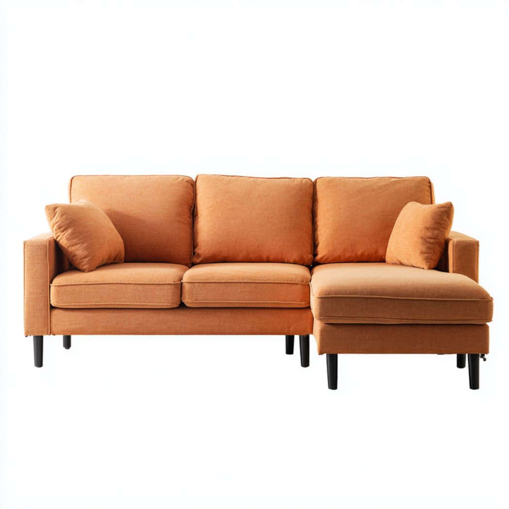 Canapé d'angle en tissu orange, forme en L, pieds en bois noir, avec coussins