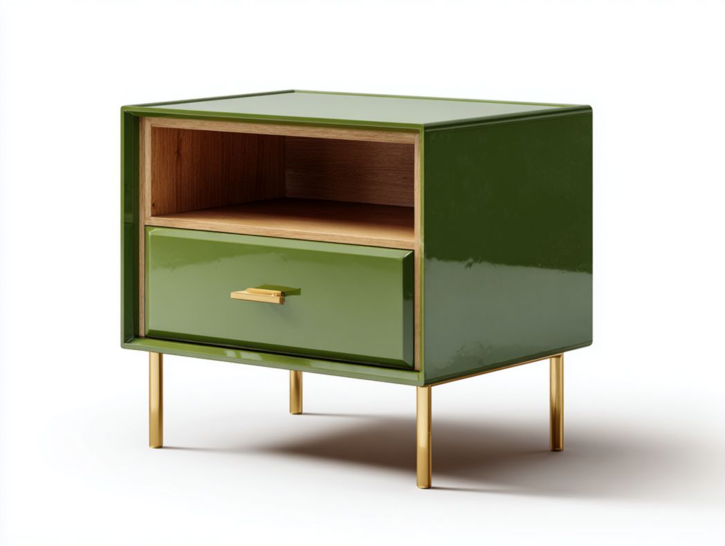 Table de chevet en bois laqué vert avec poignée et pieds dorés