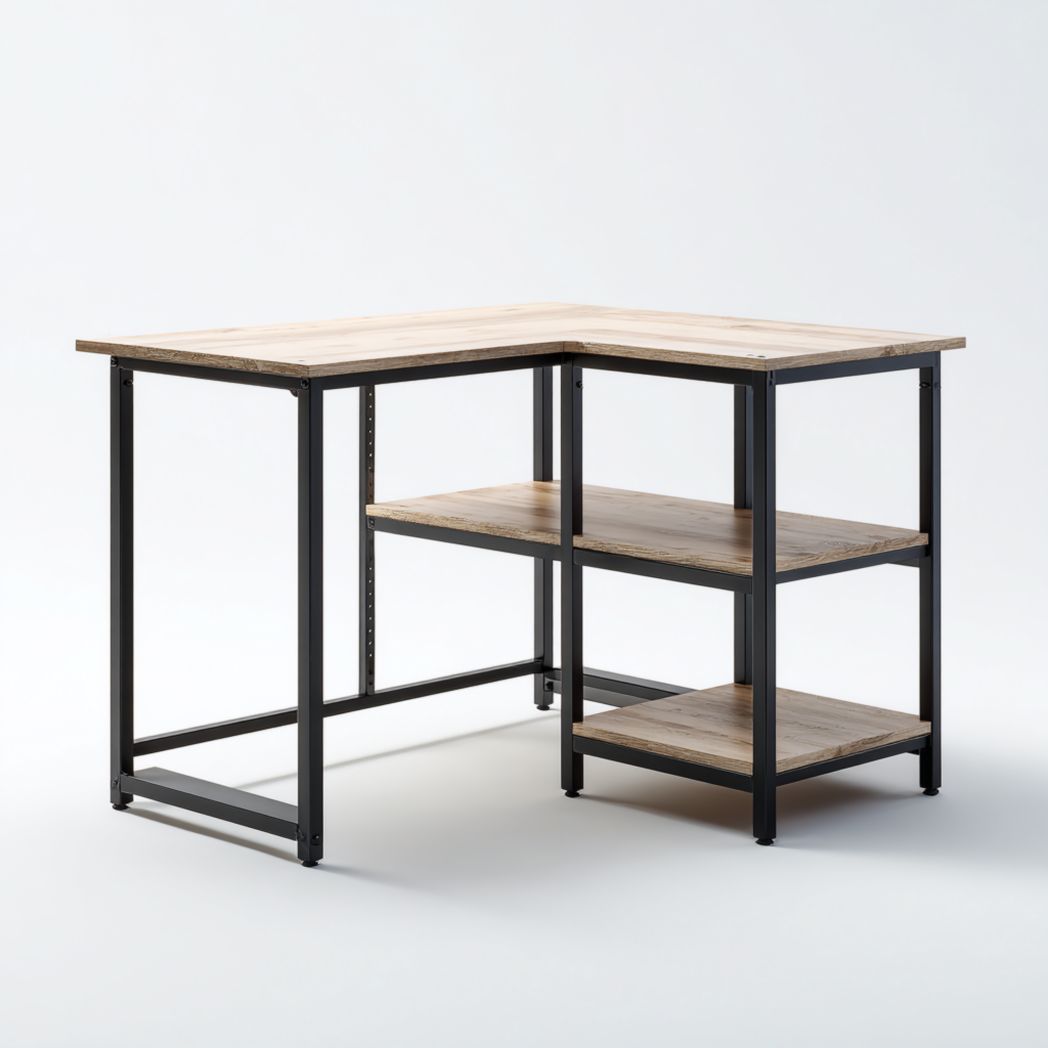 Bureau d’angle en bois naturel avec étagères et structure en métal noir
