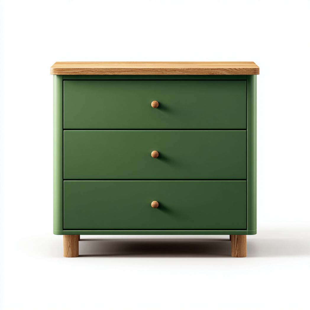 Commode verte à trois tiroirs avec plateau, poignées et pieds en bois massif naturel
