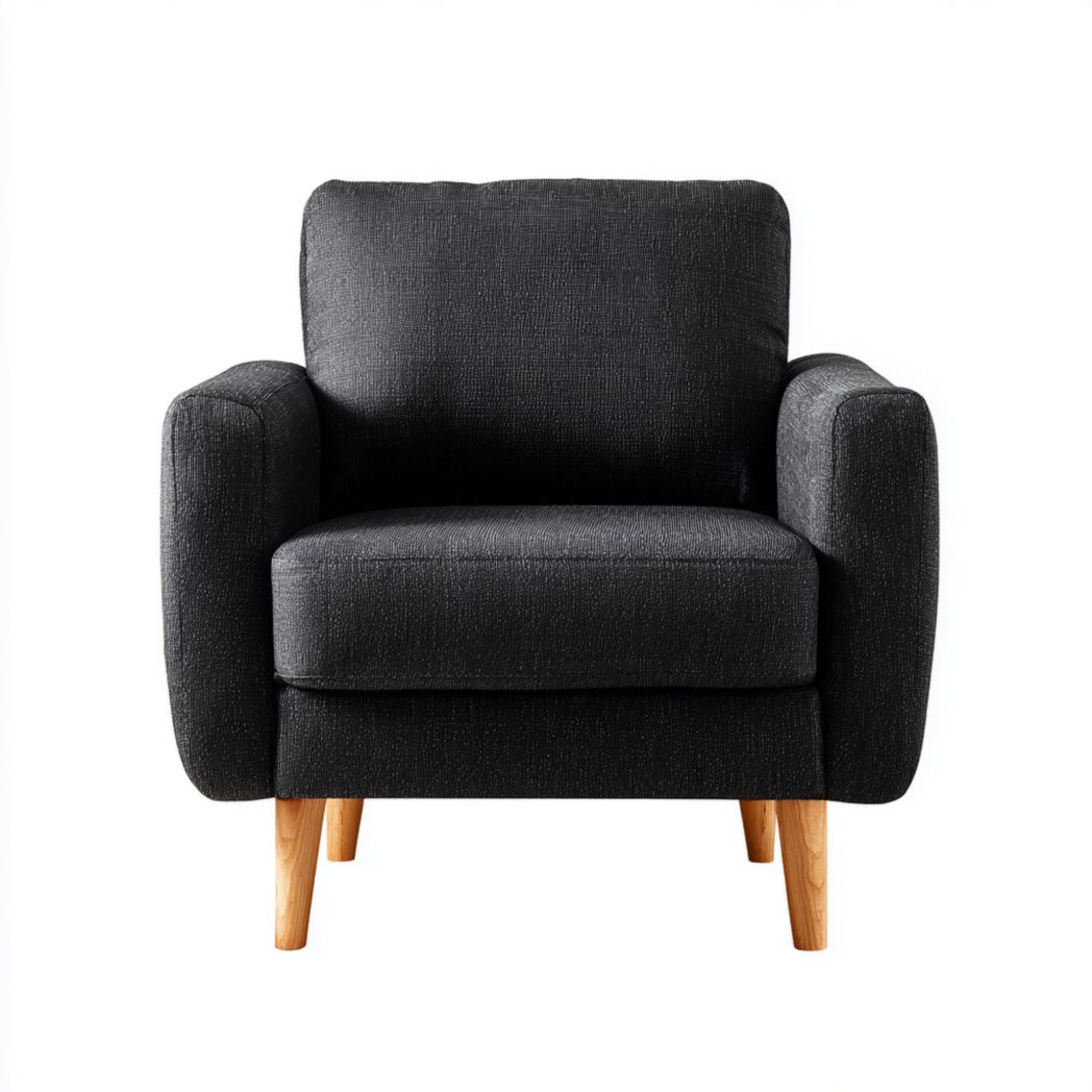 Fauteuil en tissu texturé gris foncé - pieds en bois brun clair