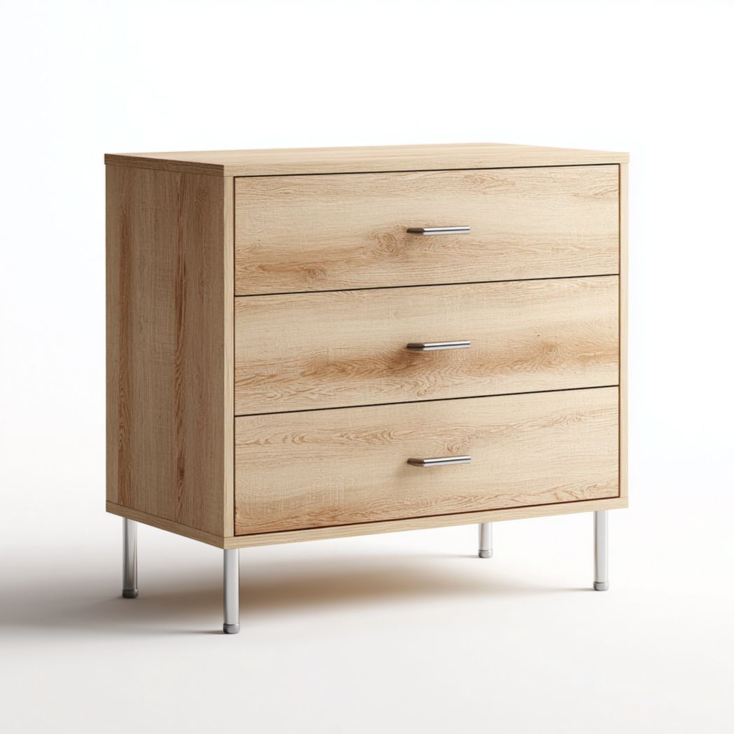 Commode en bois naturel à trois tiroirs avec poignées et pieds métalliques argentés