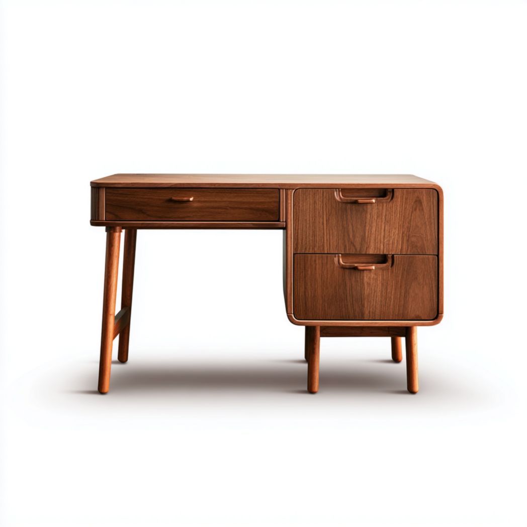 Bureau en bois brun foncé avec trois tiroirs et poignées assorties en bois