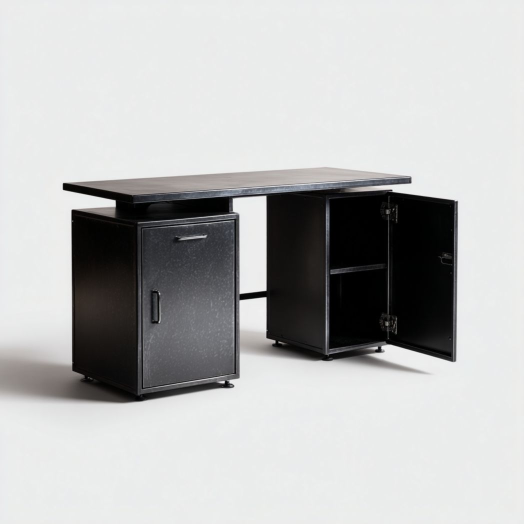 Bureau en métal noir avec deux armoires et poignées métalliques noires