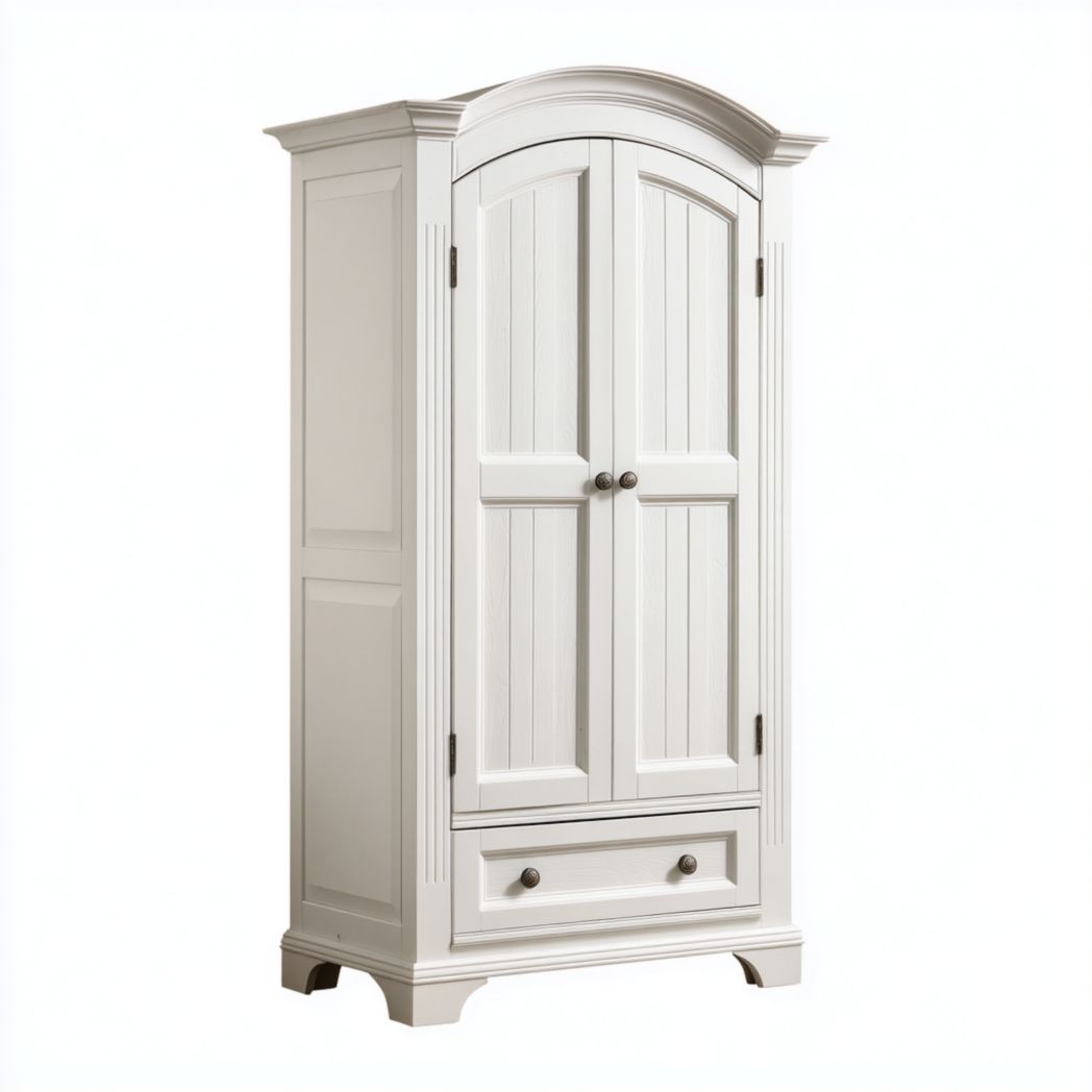 Armoire blanche de style européen à deux portes avec boutons ronds en métal vintage