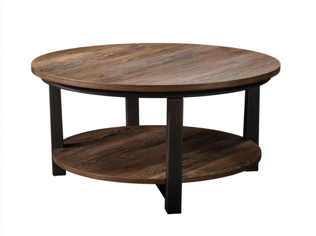 Table basse ronde en noyer foncé avec étagère et structure en métal noir