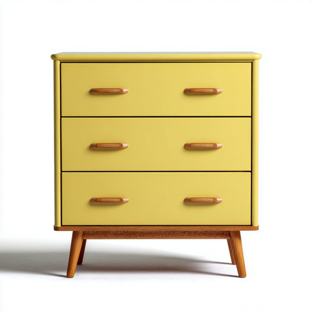 Commode enfant jaune et bois naturel à 3 tiroirs avec poignées en bois