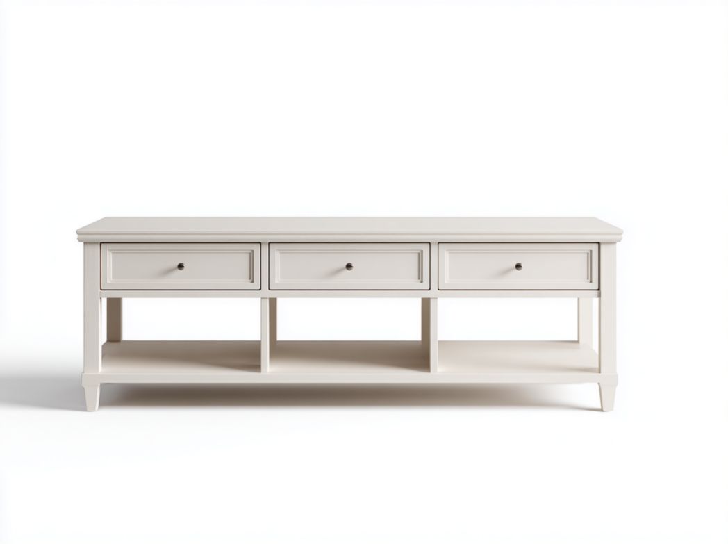 Meuble TV blanc crème avec quatre tiroirs et poignées en métal