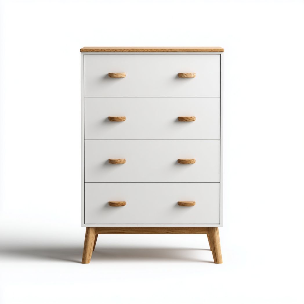 Commode enfant blanc cassé à 4 tiroirs avec poignées et pieds en bois naturel