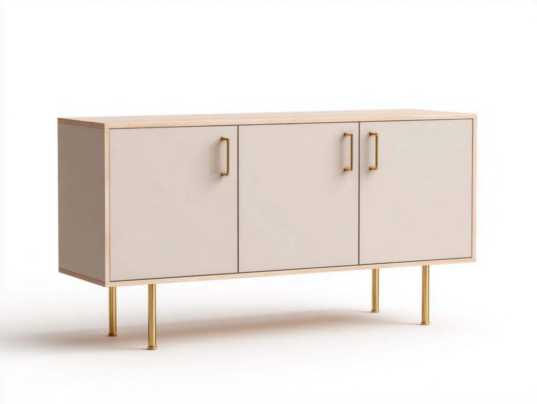 Buffet moderne beige à 3 portes avec pieds et poignées en métal doré