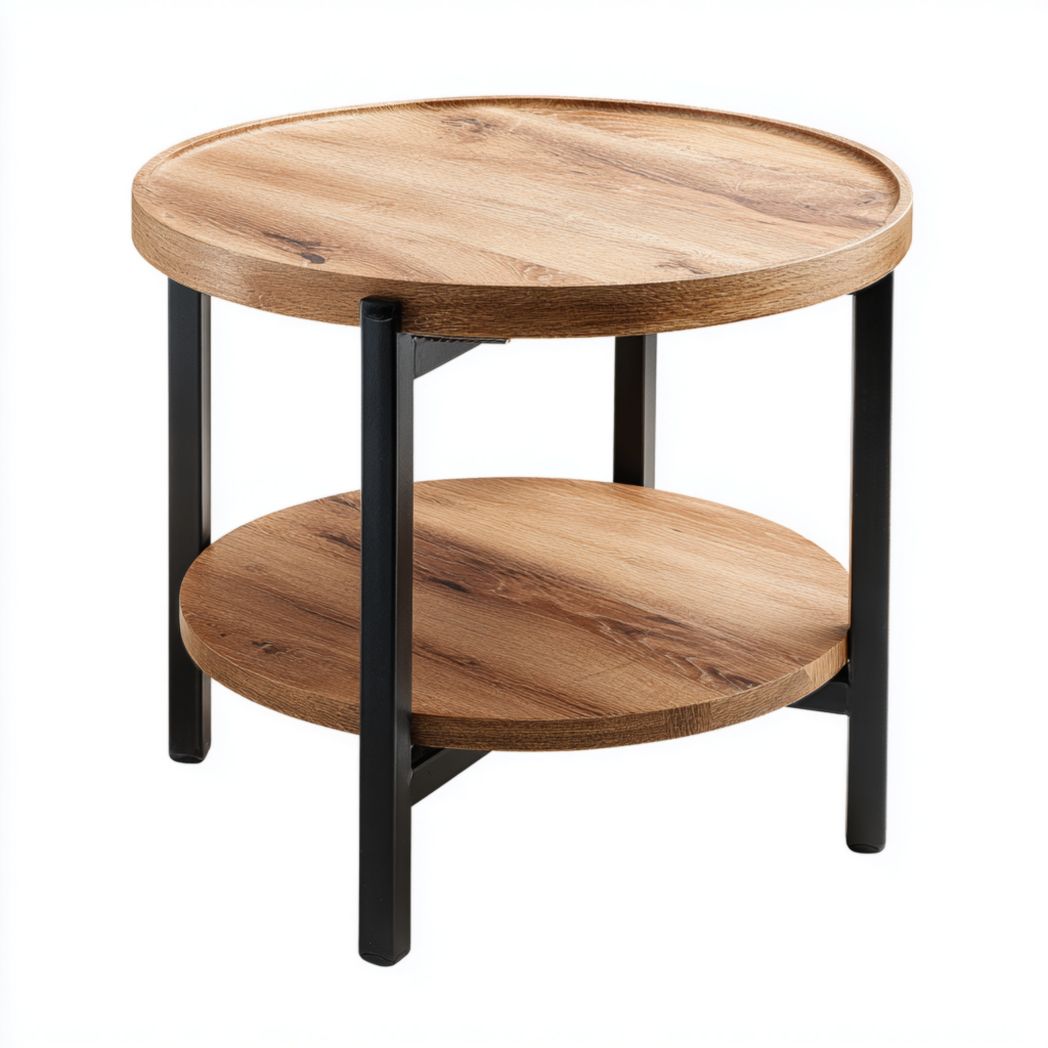 Table d’appoint ronde chêne/noir à deux plateaux et structure métallique
