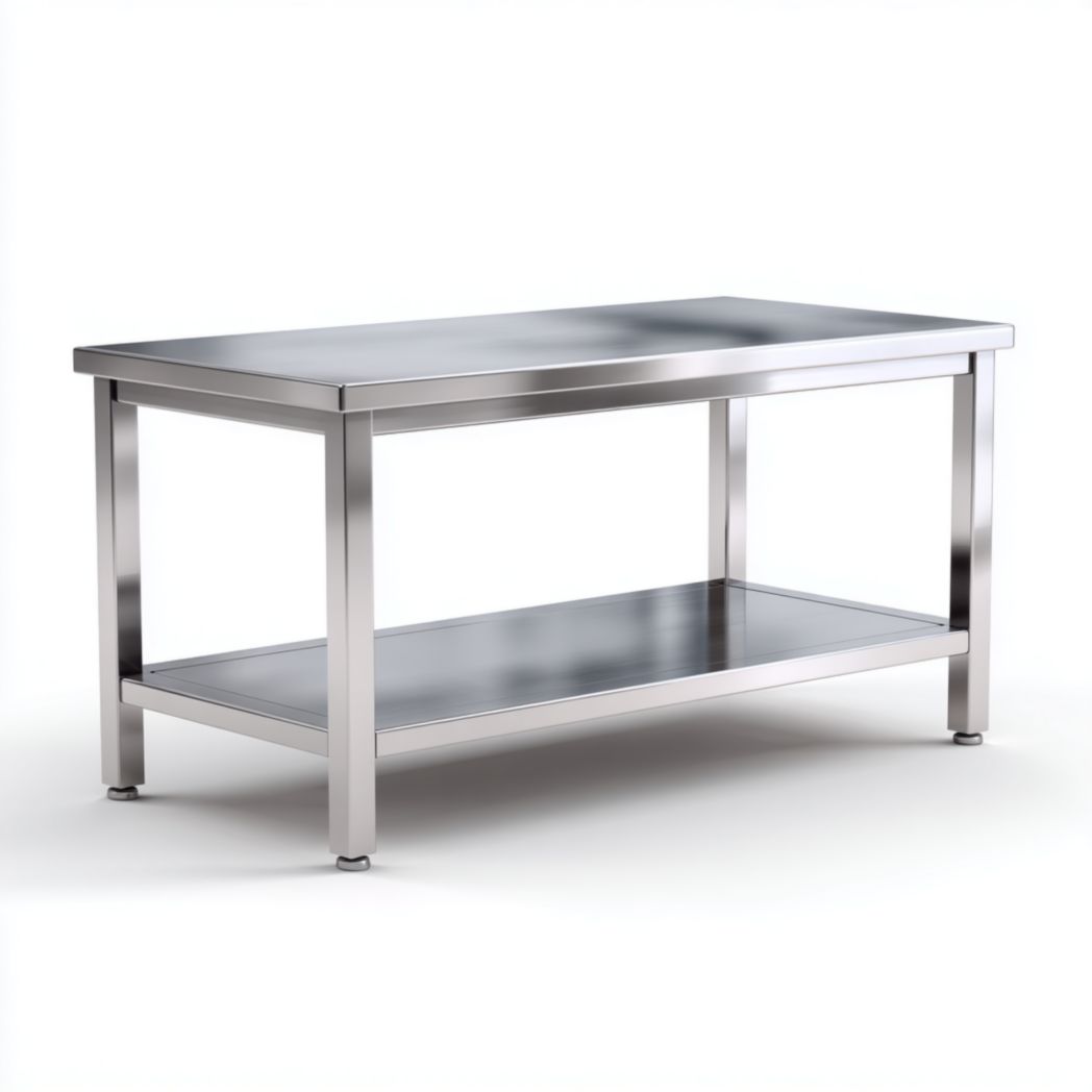 Bureau de travail en acier inoxydable avec étagère de rangement